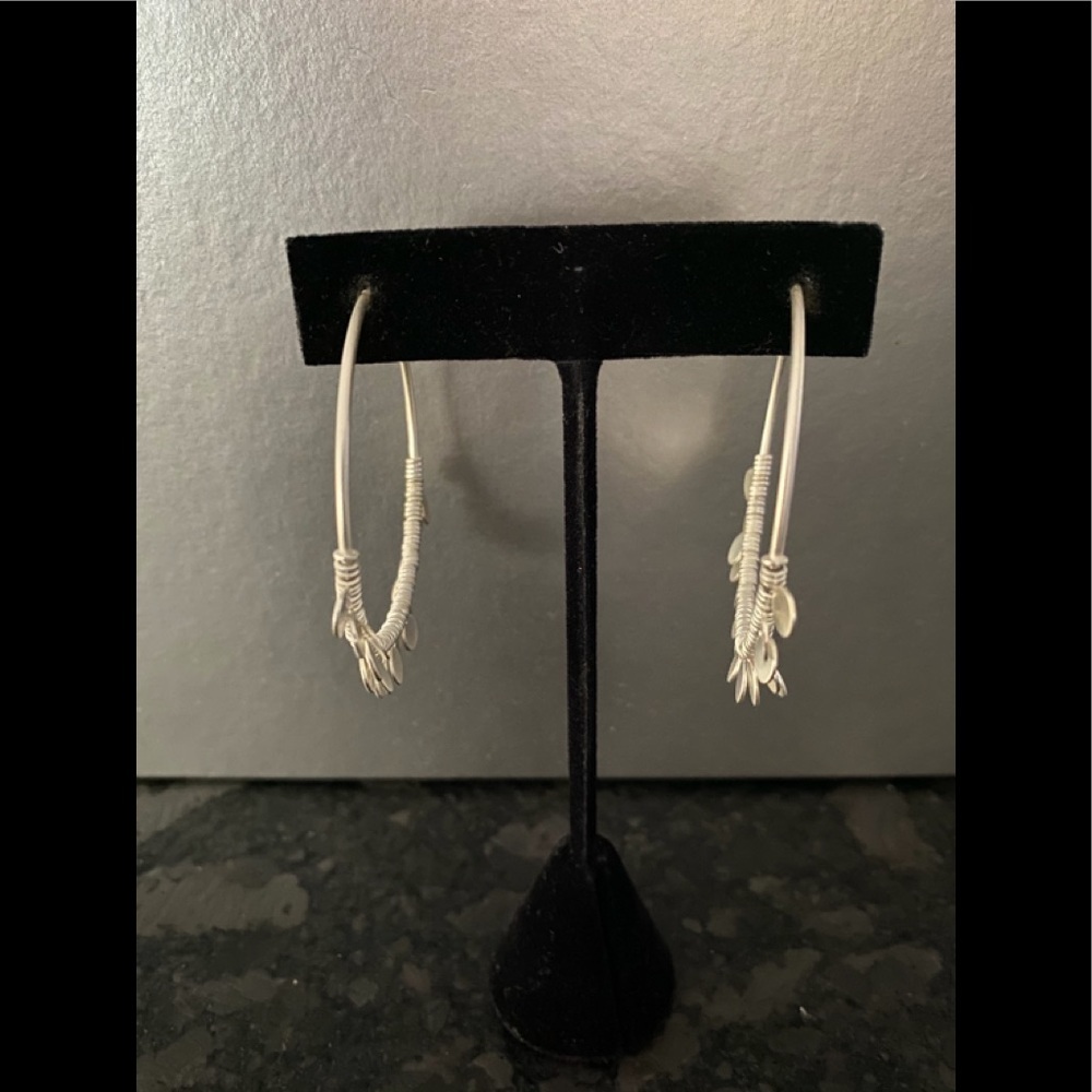 Brushed Silver-tone Hoops with Hanging Round Disks